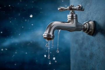 Magical water flowing from a silver faucet, star shaped water droplets against a dreamy blue background, perfect for conservation and fantasy themes
