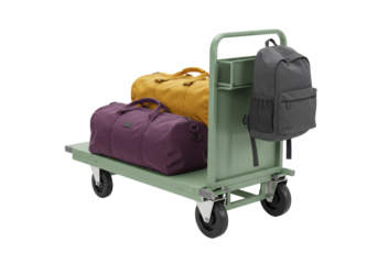 Isolated green platform cart, yellow and purple duffle bags, gray backpack for storage or transport