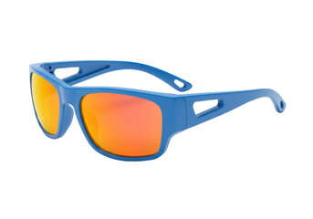 Isolated blue sunglasses with bright orange mirrored lenses, eyewear reflecting sunlight