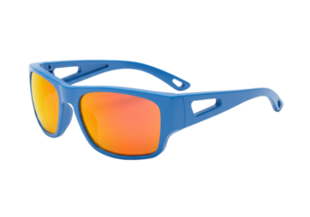 Isolated blue sunglasses with bright orange mirrored lenses, eyewear reflecting sunlight