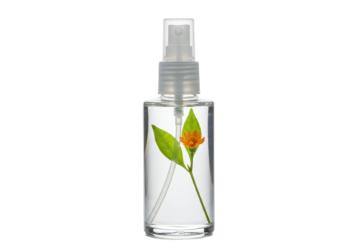 Isolated spray bottle with flower inside, minimal style for cosmetics, fragrance, and decor
