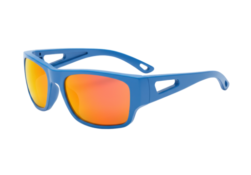 Isolated blue sunglasses with bright orange mirrored lenses, eyewear reflecting sunlight