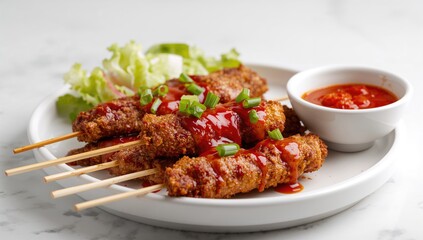 Breaded chicken satay accompanied by red chili sauce, protein-rich meal
