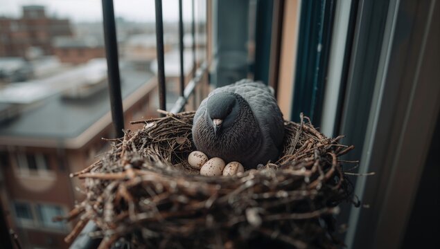 Mother pigeons incubating eggs, providing warmth and care in a balcony nest, nesting behavior observation