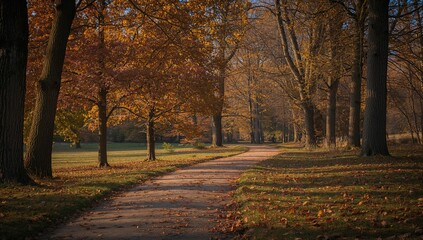 Naklejka premium Serene stroll through autumn trees, seasonal change