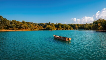 Fototapeta premium Small lake featuring a boat, promoting relaxation and leisure activities in nature