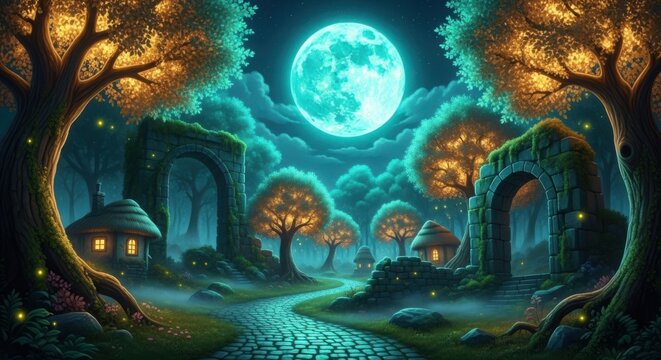 Enchanting moonlit forest village with glowing lights