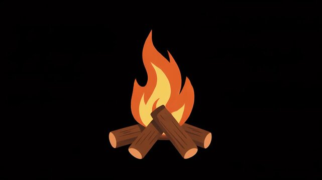 flat vector animation of a small campfire with flickering orange and yellow flames, cozy motion, clean geometric shapes, on black background