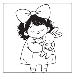 Cute kawaii little girl with her rabbit line illustration. Coloring page for kids