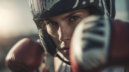 Determined boxer with vintage headgear and boxing gloves ready to rumble