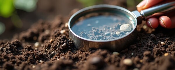 Hand holds magnifying glass over rich dark soil. Observe tiny stones, dirt, particles up close. Highlights soil structure, texture, composition. Represents eco agriculture study, nature research.