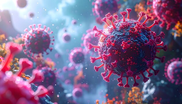 Artistic render of virus cells with textured surfaces and vibrant red spikes against a bokeh background