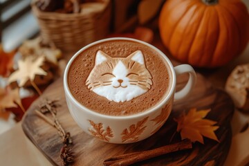 A cup of hot coffee with cute cat latte art on top, placed on a wooden surface surrounded by autumn leaves. Warm fall colors and cozy atmosphere perfect for concepts of relaxation, coffee time, creati