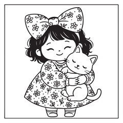 Cute Girl Hugging Her Kitten &mdash; Kawaii Line Art Illustration
