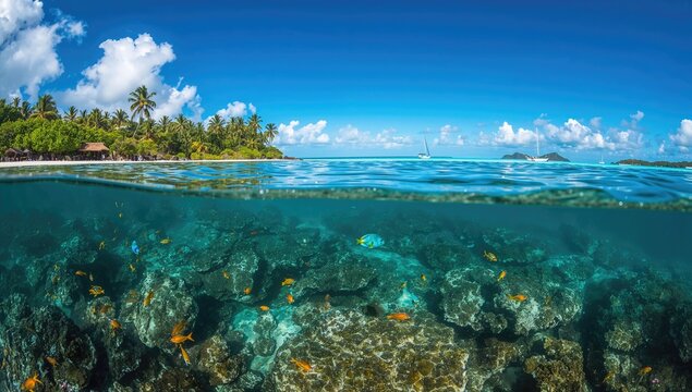 Underwater landscape in a tropical region, showcasing marine biodiversity and preservation