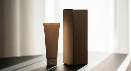 Illustration of beige cosmetic tube and box on a table with light shining through window