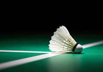 shuttlecock rests on the green badminton court, sports dynamic action and competitive spirit on black background
