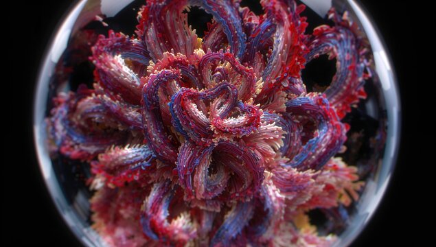 A vibrant 3D rendering presents an abstract artwork depicting planet Earth or a coral reef, characterized by flowing, wavy lines in bold red, blue, white, and emphasizing organic forms