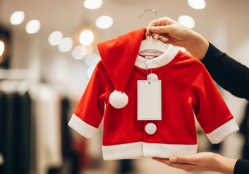 Woman's hands holding a baby Santa costume with a blank tag in a clothing store