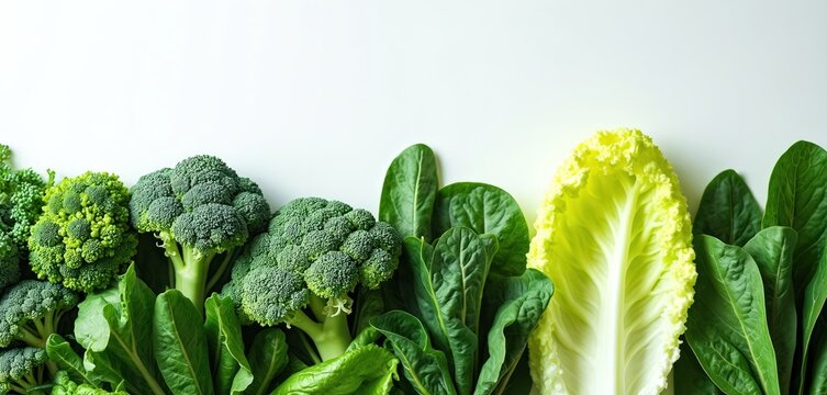 Assortment of fresh green leafy vegetables and broccoli florets arranged on white background. Organic produce offers healthy eating and cooking ingredients. Space for text.