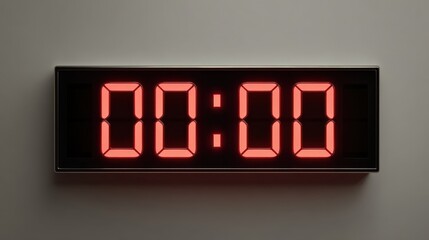 Digital clock displaying zero zero time. Start of new day concept with red LED numbers on dark background. Symbol of blank slate or beginning of event.