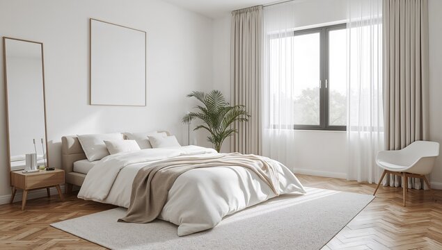 Interior design ideas featuring a bed with pillows, soft blanket and carpet, promoting a minimalist aesthetic