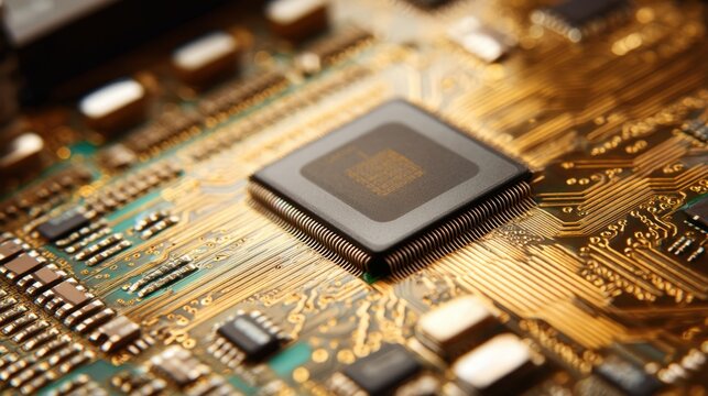 Microchip on computer circuit motherboard. Computer hardware background for technology, data processing, and digital innovation concept.