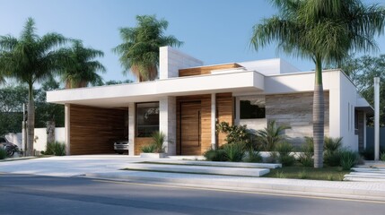 Fototapeta premium Modern luxury house with a minimalist architectural design and spacious garage. Contemporary dwelling for suburban living and real estate showcase.