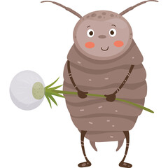 Cute Cartoon Roly Poly Bug Character Holding a Fluffy Dandelion Flower Against a Transparent Background