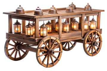 Fototapeta premium Antique wooden cart, with multiple glowing lanterns and decorative domes, cutout, PNG, isolated on white or transparent background, AI