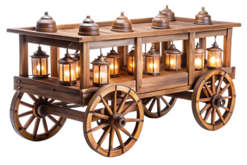 Antique wooden cart, with multiple glowing lanterns and decorative domes, cutout, PNG, isolated on white or transparent background, AI