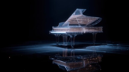 Elegant glass piano with subtle lighting and transparent keys, set in dark concert hall, surreal reflection and artistic depth