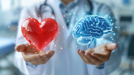 Fototapeta na wymiar Doctor holding heart and brain, connecting health and emotion