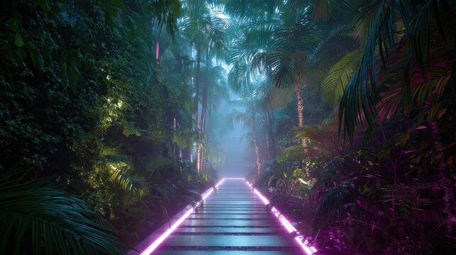 Pathway lined with glowing neon light leading through a mystical tropical jungle at night, abstract cyberpunk concept for digital art.