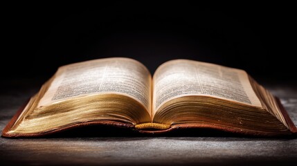 Obraz premium Open book with golden pages on a dark background. Wisdom and knowledge concept. Religious education or literature study tool.