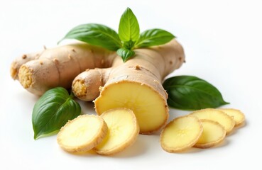 Whole and sliced ginger root with fresh basil leaves on white background. Root is light brown with yellow flesh. Basil leaves are vibrant green, aromatic herb adds spice.