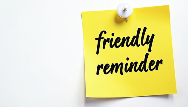 Yellow sticky note with handwritten text friendly reminder pinned on white wall. Message on paper for communication reminders quick notes and tasks. Copy space available.