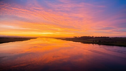 Tranquil river at dusk with orange skies and scattered clouds by the ocean