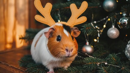 Guinea pig wearing reindeer antlers on pine branch with Christmas decorations