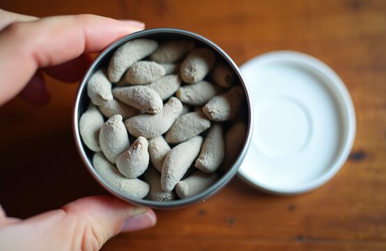 Hand holds open metal tin filled with moist powder tobacco snus portions. White lid rests nearby. Product is popular in Scandinavia. Tobacco use is unhealthy.