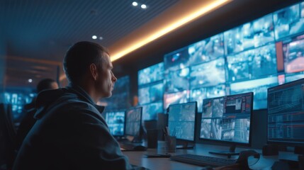 Man monitoring screens in control room. Security guard watching surveillance cameras. Central monitoring system for safety and protection.
