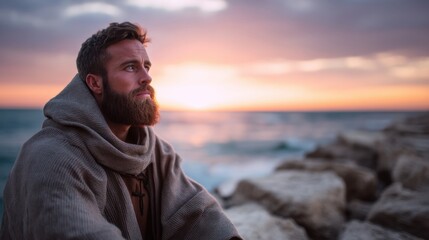 Young man with beard looking at sunset over the sea. Spiritual enlightenment and deep reflection during golden hour. Serene ocean view.