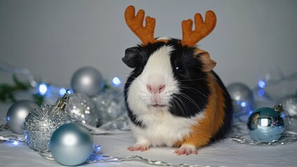 Guinea pig with reindeer antlers among silver ornaments and fairy lights