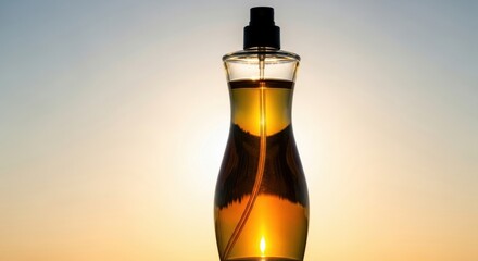 Illustration of silhouette of perfume bottle against a bright sky, creating a warm atmosphere