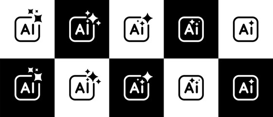 Set of a generative Ai logo design. sparkling star graphic design with AI in square button. Artificial intelligence symbol icon element for app and web