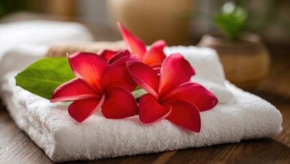 Close-up of red plumeria flowers on white towels, ideal for spa settings, tropical beauty, relaxation