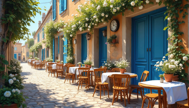Fototapeta Charming Provencal street cafe with wooden tables, chairs, white tablecloths. Blue doors, shutters adorn old buildings. Climbing white roses bloom on walls. Cobblestone street, sunny day, nobody