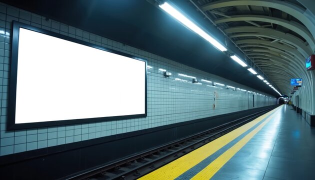 Empty train station platform with a large white advertising screen on the wall. A transport hub with rails and yellow safety lines awaits passengers for announcements.