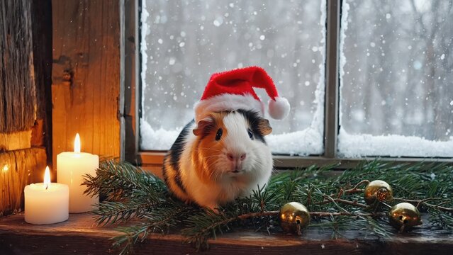 Guinea pig in Santa hat on windowsill with candles and winter view - Powered by Adobe