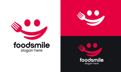 Smile food logo design. spoon fork vector design with smile graphic icon symbol. Delicious, tasty eating emoji face eat with mouth and tongue gourmet enjoying taste graphic logo design.